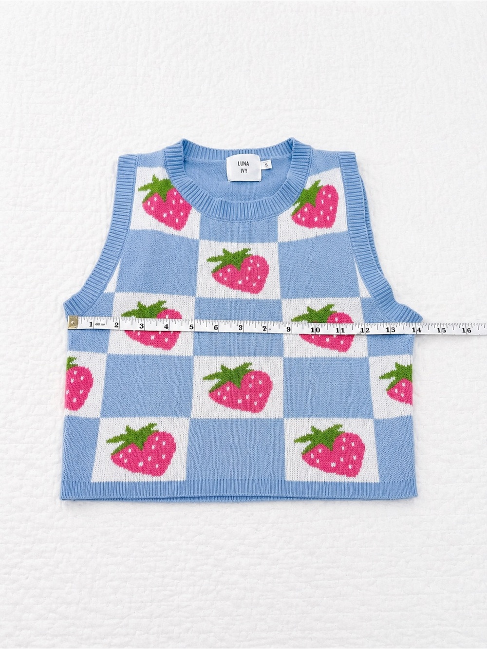 Luna Ivy Strawberry Sweater Vest Size Small Blue Checkered Knit Cottagecore - Picture 8 of 10